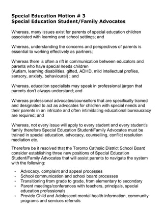 TCDSB Special Education Motions #PauseThePlan | PDF