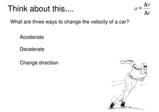 Think about this....
What are three ways to change the velocity of a car?


    Accelerate

    Decelerate

    Change dir...