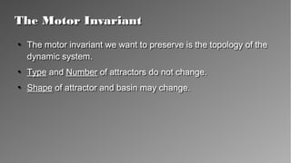 The Motor InvariantThe Motor Invariant
●
The motor invariant we want to preserve is the topology of
the dynamic system.
●
Type and Number of attractors do not change.
●
Shape of attractor and basin may change.
●
The motor invariant we want to preserve is the topology of
the dynamic system.
●
Type and Number of attractors do not change.
●
Shape of attractor and basin may change.
 