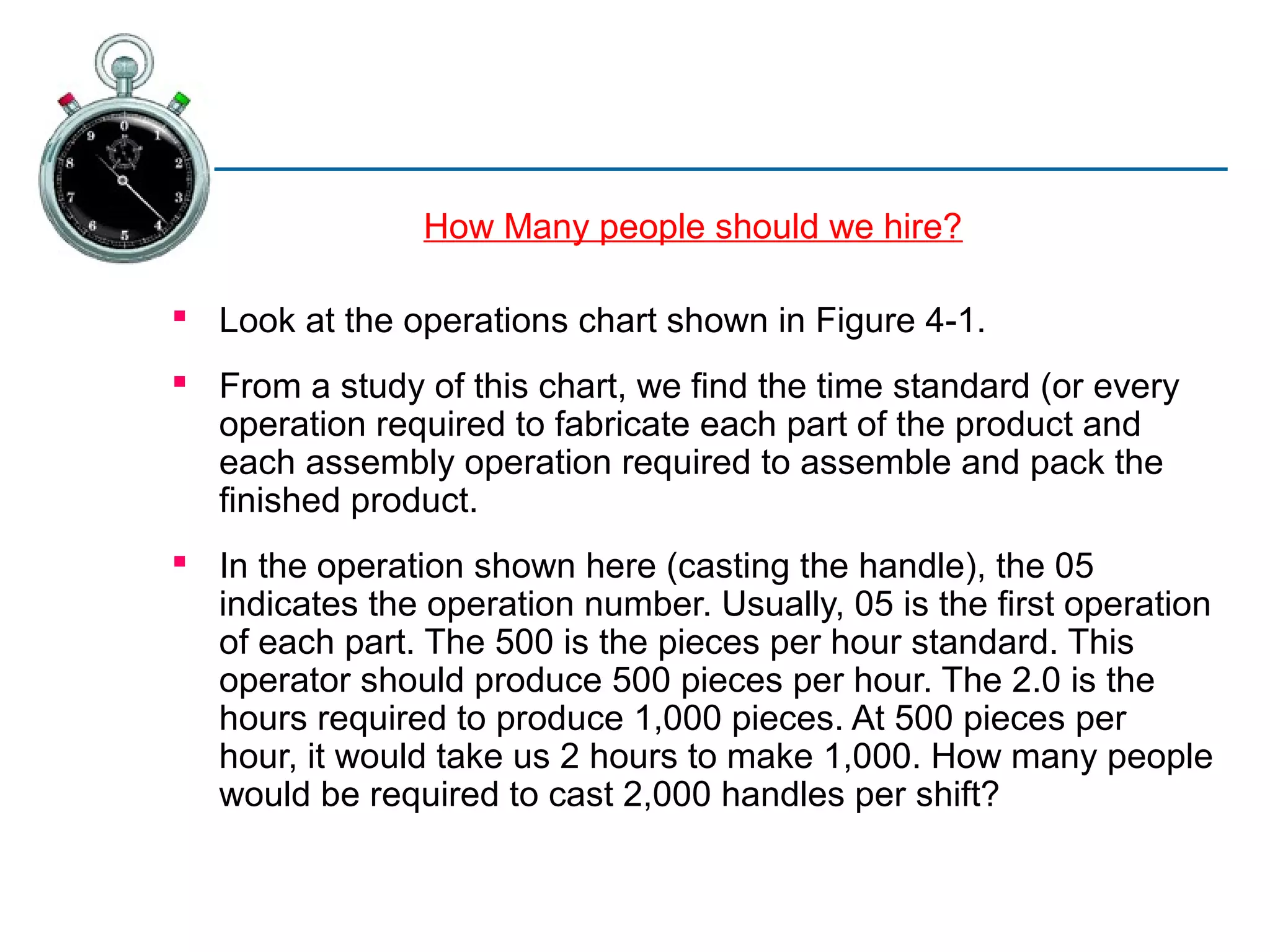 How Many people should we hire?

 Look at the operations chart shown in Figure 4-1.
 From a study of this chart, we find the time standard (or every
  operation required to fabricate each part of the product and
  each assembly operation required to assemble and pack the
  finished product.
 In the operation shown here (casting the handle), the 05
  indicates the operation number. Usually, 05 is the first operation
  of each part. The 500 is the pieces per hour standard. This
  operator should produce 500 pieces per hour. The 2.0 is the
  hours required to produce 1,000 pieces. At 500 pieces per
  hour, it would take us 2 hours to make 1,000. How many people
  would be required to cast 2,000 handles per shift?
 