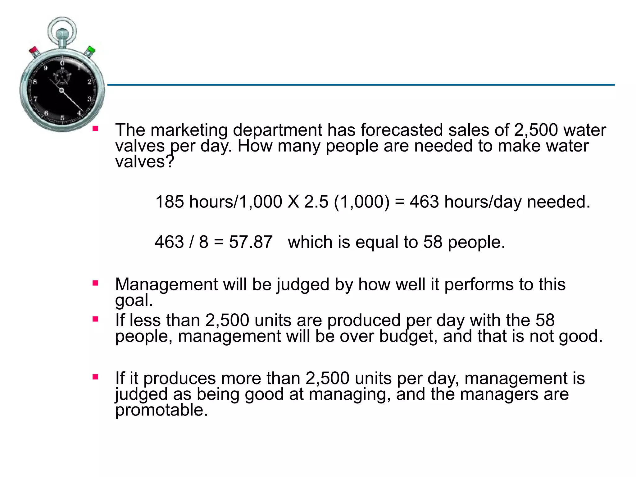  The marketing department has forecasted sales of 2,500 water
  valves per day. How many people are needed to make water
  valves?

       185 hours/1,000 X 2.5 (1,000) = 463 hours/day needed.

       463 / 8 = 57.87 which is equal to 58 people.

 Management will be judged by how well it performs to this
  goal.
 If less than 2,500 units are produced per day with the 58
  people, management will be over budget, and that is not good.

 If it produces more than 2,500 units per day, management is
  judged as being good at managing, and the managers are
  promotable.
 