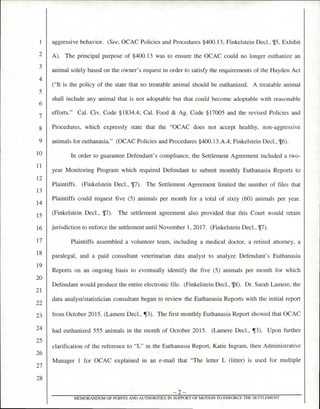 aggressive behavior. (See, OCAC Policies and Procedures §400.13; Finkelstein Decl., 15, Exhibit
A). The principal purpose of §400.13 was to ensure the OCAC could no longer euthanize an
animal solely based on the owner's request in order to satisfy the requirements of the Hayden Act
("It is the policy of the state that no treatable animal should be euthanized. A treatable animal
shall include any animal that is not adoptable but that could become adoptable with reasonable
efforts." Cal. Civ. Code §1834.4; Cal. Food & Ag. Code §17005 and the revised Policies and
Procedures, which expressly state that the "OCAC does not accept healthy, non-aggressive
animals for euthanasia." (OCAC Policies and Procedures §400.13.A.4; Finkelstein Decl., 16).
In order to guarantee Defendant's compliance, the Settlement Agreement included a two-
year Monitoring Program which required Defendant to submit monthly Euthanasia Reports to
Plaintiffs. (Finkelstein Decl., 17). The Settlement Agreement limited the number of files that
Plaintiffs could request five (5) animals per month for a total of sixty (60) animals per year.
(Finkelstein Decl., ¶7). The settlement agreement also provided that this Court would retain
jurisdiction to enforce the settlement until November 1, 2017. (Finkelstein Decl., 17).
Plaintiffs assembled a volunteer team, including a medical doctor, a retired attorney, a
paralegal, and a paid consultant veterinarian data analyst to analyze Defendant's Euthanasia
Reports on an ongoing basis to eventually identify the five (5) animals per month for which
Defendant would produce the entire electronic file. (Finkelstein Decl., 18). Dr. Sarah Lamere, the
data analyst/statistician consultant began to review the Euthanasia Reports with the initial report
from October 2015. (Lamere Decl., ¶3). The first monthly Euthanasia Report showed that OCAC
had euthanized 555 animals in the month of October 2015. (Lamere Decl., ¶3). Upon further
clarification of the reference to "L" in the Euthanasia Report, Katie Ingram, then Administrative
Manager 1 for OCAC explained in an e-mail that "The letter L (litter) is used for multiple
—2—
MEMORANDUM OF POINTS AND AUT'HORTI .LES IN SUPPORT OF MOTION TO ENFORCE THE SETTLEMENT
 