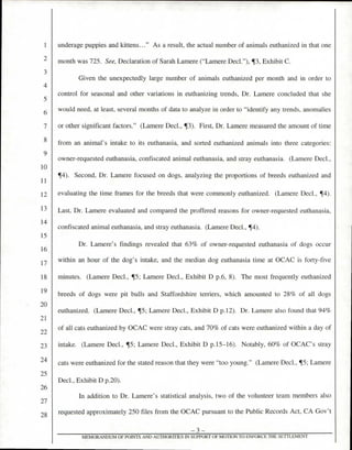 underage puppies and kittens..." As a result, the actual number of animals euthanized in that one
month was 725. See, Declaration of Sarah Lamere ("Lamere Decl."), ¶3, Exhibit C.
Given the unexpectedly large number of animals euthanized per month and in order to
control for seasonal and other variations in euthanizing trends, Dr. Lamere concluded that she
would need, at least, several months of data to analyze in order to "identify any trends, anomalies
or other significant factors." (Lamere Decl., ¶3). First, Dr. Lamere measured the amount of time
from an animal's intake to its euthanasia, and sorted euthanized animals into three categories:
owner-requested euthanasia, confiscated animal euthanasia, and stray euthanasia. (Lamere Decl.,
¶4). Second, Dr. Lamere focused on dogs, analyzing the proportions of breeds euthanized and
evaluating the time frames for the breeds that were commonly euthanized. (Lamere Decl., ¶4).
Last, Dr. Lamere evaluated and compared the proffered reasons for owner-requested euthanasia,
confiscated animal euthanasia, and stray euthanasia. (Lamere Decl., ¶4).
Dr. Lamere's findings revealed that 63% of owner-requested euthanasia of dogs occur
within an hour of the dog's intake, and the median dog euthanasia time at OCAC is forty-five
minutes. (Lamere Decl., ¶5; Lamere Decl., Exhibit D p.6, 8). The most frequently euthanized
breeds of dogs were pit bulls and Staffordshire terriers, which amounted to 28% of all dogs
euthanized. (Lamere Decl., ¶5; Lamere Decl., Exhibit D p.12). Dr. Lamere also found that 94%
of all cats euthanized by OCAC were stray cats, and 70% of cats were euthanized within a day of
intake. (Lamere Decl., ¶5; Lamere Decl., Exhibit D p.15-16). Notably, 60% of OCAC's stray
cats were euthanized for the stated reason that they were "too young." (Lamere Decl., ¶5; Lamere
Decl., Exhibit D p.20).
In addition to Dr. Lamere's statistical analysis, two of the volunteer team members also
requested approximately 250 files from the OCAC pursuant to the Public Records Act, CA Gov't
—3—
MEMORANDUM OF POINTS AND AUTHORITIES IN SUPPORT OF MOTION TO ENFORCE THE SETTLEMENT
1
2
3
4
5
6
7
8
9
10
11
12
13
14
15
16
17
18
19
20
21
23
24
25
26
27
28
 