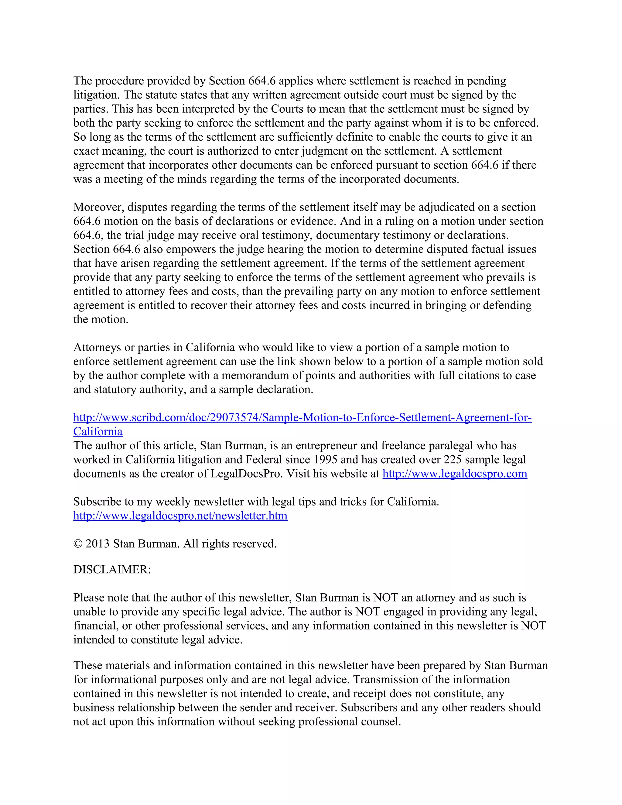 Motion to enforce settlement agreement in california article pdf