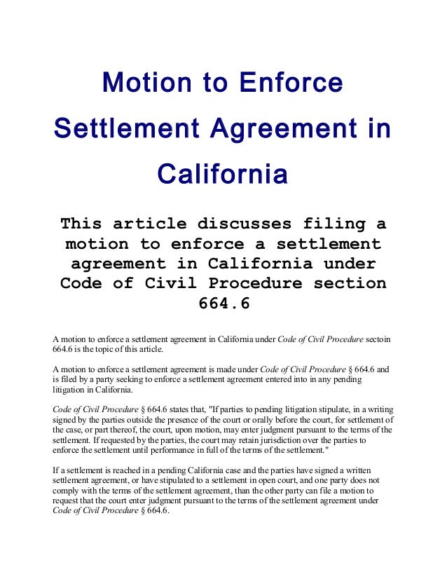 Motion to enforce settlement agreement in california article