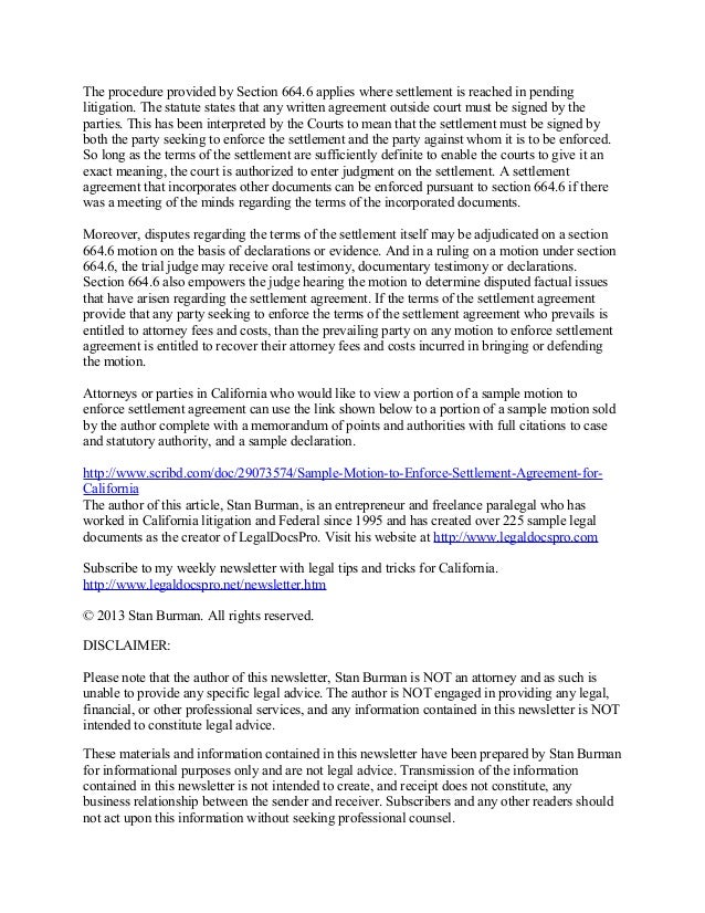 Ccp Section 664 6 motion to enforce settlement agreement in california article Ccp Section 664 6 motion to enforce settlement agreement in california article