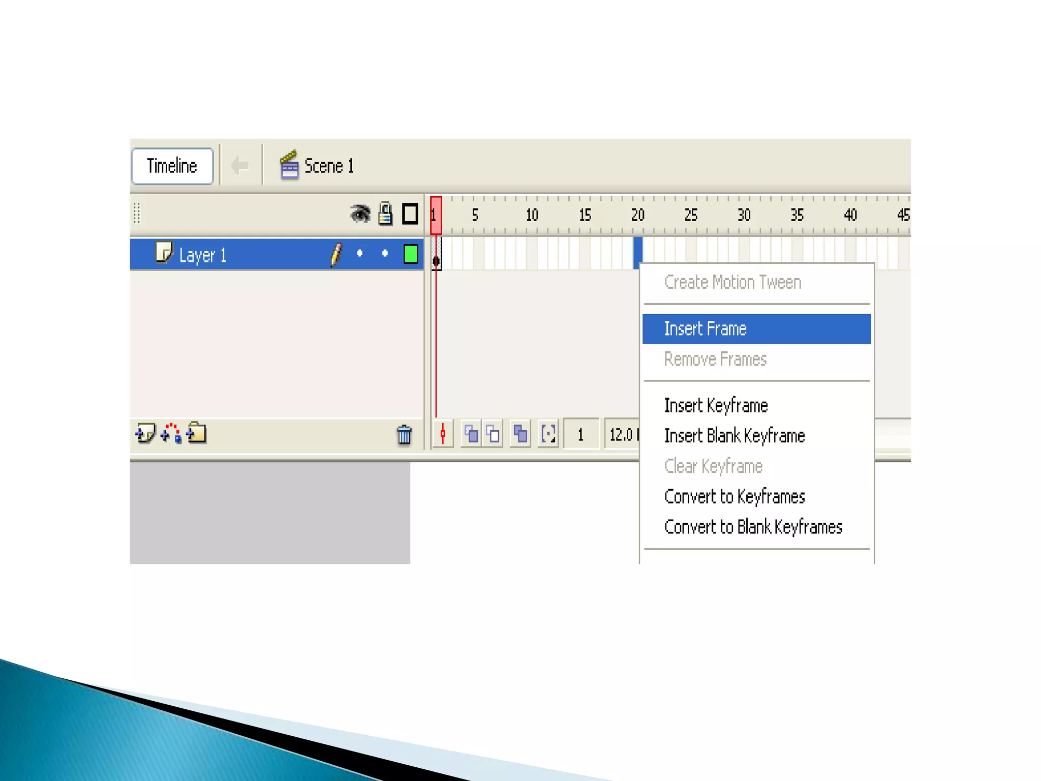 We will now create a motion tween by right-clicking this set of frames and selecting Create Motion Tween. The color of the frames shall change into blue and a dotted line shall appear through it.