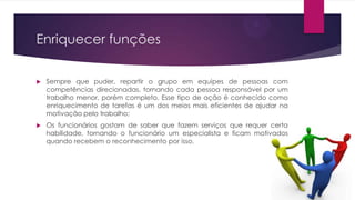 Enriquecer funções


Sempre que puder, repartir o grupo em equipes de pessoas com
competências direcionadas, tornando cada pessoa responsável por um
trabalho menor, porém completo. Esse tipo de ação é conhecido como
enriquecimento de tarefas é um dos meios mais eficientes de ajudar na
motivação pelo trabalho;



Os funcionários gostam de saber que fazem serviços que requer certa
habilidade, tornando o funcionário um especialista e ficam motivados
quando recebem o reconhecimento por isso.

 