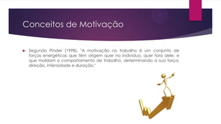 Conceitos de Motivação


Segundo Pinder (1998), "A motivação no trabalho é um conjunto de
forças energéticas que têm origem quer no indivíduo, quer fora dele, e
que moldam o comportamento de trabalho, determinando a sua força,
direção, intensidade e duração."

 