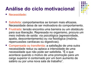 Análise do ciclo motivacional
 Necessidade:
 Satisfeita: comportamentos se tornam mais eficazes.
Necessidade deixa de ser motivadora do comportamento.
 Frustrada: tensão encontra uma barreira ou um obstáculo
para sua liberação. Represada no organismo, procura um
meio indireto de saída: via psicológica (agressividade,
apatia, descontentamento) ou via fisiológica (insônia,
repercussões cardíacas ou digestivas).
 Compensada ou transferida: a satisfação de uma outra
necessidade reduz ou aplaca a intensidade de uma
necessidade que não pode ser satisfeita. “É o que
acontece quando o motivo de uma promoção para um
cargo superior é contornado por um bom aumento de
salário ou por uma nova sala de trabalho”.
 