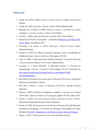 10
Bibliografia
 Araújo, M. (2015). Família, Escola e Sucesso Escolar. Lisboa: Coisas de Ler
Edições.
 Arends, R. (1995). Aprender a Ensinar. Lisboa: Editora McGraw-Hill.
 Balancho, M. e Coelho, F. (1996). Motivar os alunos: criatividade na relação
pedagógica: conceitos e práticas. Lisboa: Texto Editora.
 Correia, L. (2003). Educação Especial e Inclusão. Porto: Porto Editora.
 Decreto-Lei nº54/2018, de 6 de julho – consultado em Decreto-Lei 54/2018, 2018-
07-06 - DRE a 4 de julho de 2021
 Fenouillet, F. & Lieury, A. (1997). Motivação e Sucesso Escolar. Lisboa:
Editorial Presença.
 Ferreira, C. (2013) Os olhares de futuros professores sobre a metodologia de
trabalho de projeto. Educar em Revista. N48, páginas 309-328.
 Jesus, S. (1996). A Motivação Para a Profissão Docente. Colecção da Educação
e Desenvolvimento Humano. N14. Aveiro: Estante Editora.
 Lourenço, A. e Paiva, M.(2010). A Motivação Escolar e o Processo de
Aprendizagem. Ciências e Cognição, V15(2), páginas 132-141. Consultado em
http://pepsic.bvsalud.org/scielo.php?script=sci_arttext&pid=S1806-
58212010000200012.
 ME (2016). Orientações Curriculares para a Educação Pré-Escolar. Editorial do
Ministério da Educação e Ciência.
 ME (2021). Planear e Avaliar na Educação Pré-Escolar. Direção Geral da
Educação.
 Pacheco, J.(2007). Currículo, investigação e mudança. A educação em Portugal
(1986-2006): Alguns contributos de investigação, páginas 79-148. Lisboa: CNE.
 Pereira, F. (2018). Para uma educação Inclusiva Manual de Apoio à Prática.
Ministério da Educação/Direcção-Geral da Educação.
 Pessoa, A.(1999). Movimento da Escola Moderna Portuguesa (Tese de Mestrado,
Faculdade de Psicologia e de Ciências da Educação, Universidade de Lisboa.
Retirado de RCAAP - Repositórios Científicos de Acesso Aberto de Portugal.
 Piaget, J. (1967). O Raciocínio na Criança. Rio de Janeiro: Record.
 