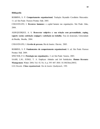 14
Bibliografia
ROBBINS, S. P. Comportamento organizacional. Tradução: Reynaldo Cavalheiro Marcondes.
11. ed. São Paulo: Pearson Prentice Hall, 2005.
CHIAVENATO, I. Recursos humanos: o capital humano nas organizações. São Paulo: Atlas,
2004.
ALBUQUERQUE, A. S. Bem-estar subjetivo e sua relação com personalidade, coping,
suporte social, satisfação conjugal e satisfação no trabalho. Tese de doutorado, Universidade
de Brasília, Brasília, 2004.
CHIAVENATO, I. Gestão de pessoas. Rio de Janeiro: Elsevier, 2005.
ROBBINS, S. P. Fundamentos do comportamento organizacional. 8. ed. São Paulo: Pearson
Prentice Hall, 2009.
SPECTOR, P. E. Psicologia nas organizações. 2. ed. São Paulo: Saraiva, 2003.
SAARI, L.M.; JUDGE, T. A. Employee Attitudes and Job Satisfaction. Human Resource
Management, Winter 2004, Vol. 43, No. 4, p. 395–407. DOI: 10.1002/hrm.20032.
LUZ, Ricardo. Clima organizacional. Rio de Janeiro: Qualitymark, 1995.
 