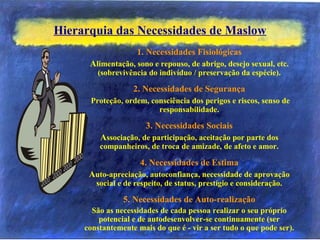 Hierarquia das Necessidades de Maslow
1. Necessidades Fisiológicas
Alimentação, sono e repouso, de abrigo, desejo sexual, etc.
(sobrevivência do indivíduo / preservação da espécie).
2. Necessidades de Segurança
Proteção, ordem, consciência dos perigos e riscos, senso de
responsabilidade.
3. Necessidades Sociais
Associação, de participação, aceitação por parte dos
companheiros, de troca de amizade, de afeto e amor.
4. Necessidades de Estima
Auto-apreciação, autoconfiança, necessidade de aprovação
social e de respeito, de status, prestígio e consideração.
5. Necessidades de Auto-realização
São as necessidades de cada pessoa realizar o seu próprio
potencial e de autodesenvolver-se continuamente (ser
constantemente mais do que é - vir a ser tudo o que pode ser).
 