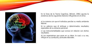 En la línea de la Teoría Cognitiva, (Winert, 1981) apunta la
existencia de los siguientes factores influyentes en el clima:
a) La manera con que el individuo percibe su medio ambiente
laboral.
b) La valencia que él atribuye a determinados resultados
esperables de su esfuerzo personal.
c) Las instrumentalidades que conoce en relación con dichos
resultados.
d) Las expectativas que pone en su labor, lo cual, a su vez,
influye en su conducta y actitudes laborales.
 