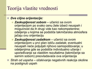 Teorija vlastite vrednosti
 Dve ciljne orijentacije:
 Zaokupljenost sobom – učenici sa ovom
orijentacijom po svako cenu žele izbeći neuspeh i
mogućnost da ih drugi vide kao nekompetentne;
odeljenja u kojima se podstiče takmičarska atmosfera
jačaju ovu orijentaciju
 Zaokupljenost zadatkom – učenici sa ovom
orijentacijom u prvi plan ističu zadatak; eventualni
neuspeh neće poljuljati njihovo samopoštovanje; u
odeljenjima gde se podstiče individualno učenje i
upoređivanje sa vlastitim rezultatima (takmičenje sa
samim sobom) preovladavaće ova orijentacija
 Strah od uspeha – očekivanje negativnih reakcija okoline
na postignuti uspeh
 