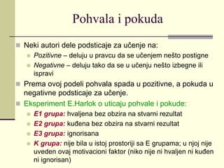 Pohvala i pokuda
 Neki autori dele podsticaje za učenje na:
 Pozitivne – deluju u pravcu da se učenjem nešto postigne
 Negativne – deluju tako da se u učenju nešto izbegne ili
ispravi
 Prema ovoj podeli pohvala spada u pozitivne, a pokuda u
negativne podsticaje za učenje.
 Eksperiment E.Harlok o uticaju pohvale i pokude:
 E1 grupa: hvaljena bez obzira na stvarni rezultat
 E2 grupa: kuđena bez obzira na stvarni rezultat
 E3 grupa: ignorisana
 K grupa: nije bila u istoj prostoriji sa E grupama; u njoj nije
uveden ovaj motivacioni faktor (niko nije ni hvaljen ni kuđen
ni ignorisan)
 