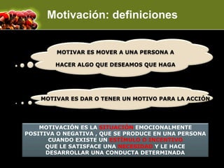 Motivación: definiciones


         MOTIVAR ES MOVER A UNA PERSONA A

        HACER ALGO QUE DESEAMOS QUE HAGA




    MOTIVAR ES DAR O TENER UN MOTIVO PARA LA ACCIÓN




    MOTIVACIÓN ES LA SITUACIÓN EMOCIONALMENTE
POSITIVA O NEGATIVA , QUE SE PRODUCE EN UNA PERSONA
       CUANDO EXISTE UN ESTÍMULO O INCENTIVO
      QUE LE SATISFACE UNA NECESIDAD Y LE HACE
      DESARROLLAR UNA CONDUCTA DETERMINADA
 