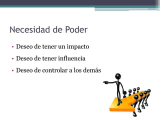 Necesidad de Poder
• Deseo de tener un impacto
• Deseo de tener influencia
• Deseo de controlar a los demás
 