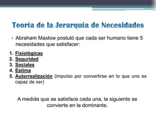 • Abraham Maslow postuló que cada ser humano tiene 5
  necesidades que satisfacer:
1.   Fisiológicas
2.   Seguridad
3.   Sociales
4.   Estima
5.   Autorrealización (impulso por convertirse en lo que uno es
     capaz de ser)


      A medida que se satisface cada una, la siguiente se
                 convierte en la dominante.
 