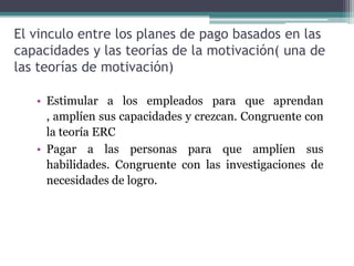 El vinculo entre los planes de pago basados en las
capacidades y las teorías de la motivación( una de
las teorías de motivación)

   • Estimular a los empleados para que aprendan
     , amplíen sus capacidades y crezcan. Congruente con
     la teoría ERC
   • Pagar a las personas para que amplíen sus
     habilidades. Congruente con las investigaciones de
     necesidades de logro.
 