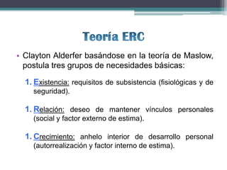 • Clayton Alderfer basándose en la teoría de Maslow,
  postula tres grupos de necesidades básicas:

  1. Existencia: requisitos de subsistencia (fisiológicas y de
    seguridad).

  1. Relación: deseo de mantener vínculos personales
    (social y factor externo de estima).

  1. Crecimiento: anhelo interior de desarrollo personal
    (autorrealización y factor interno de estima).
 