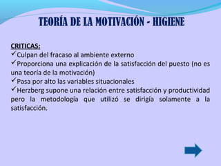TEORÍA DE LA MOTIVACIÓN - HIGIENE
CRITICAS:
Culpan del fracaso al ambiente externo
Proporciona una explicación de la satisfacción del puesto (no es
una teoría de la motivación)
Pasa por alto las variables situacionales
Herzberg supone una relación entre satisfacción y productividad
pero la metodología que utilizó se dirigía solamente a la
satisfacción.

 