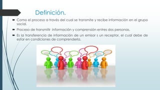 Definición.
 Como el proceso a través del cual se transmite y recibe información en el grupo
social.
 Proceso de transmitir información y comprensión entres dos personas.

 Es la transferencia de información de un emisor s un receptor, el cual debe de
estar en condiciones de comprenderla.

 