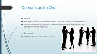 Comunicación Oral
 Ventaja
 Hace posible un rápido intercambio con retroalimentación inmediata.
 Una reunión con un superior puede concederle al subordinado una
sensación de importancia..
 Desventaja:
 No siempre permite ahorrar el tiempo.

 