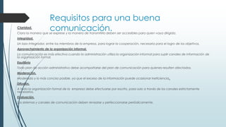 Claridad.

Requisitos para una buena
comunicación.

Clara la manera que se exprese y la manera de transmitirla deben ser accesibles para quien vaya dirigida.
Integridad.
Un lazo integrador, entre los miembros de la empresa, para lograr la cooperación, necesaria para el logro de los objetivos.
Aprovechamiento de la organización informal.
La comunicación es más efectiva cuando la administración utiliza la organización informal para suplir canales de información de
la organización formal.
Equilibrio
Todo plan de acción administrativo debe acompañarse del plan de comunicación para quienes resulten afectados.
Moderación.
Moderada y lo más conciso posible, ya que el exceso de la información puede ocasionar ineficiencia.
Difusión.
A toda la organización formal de la empresa debe efectuarse por escrito, pasa solo a través de los canales estrictamente
necesarios.
Evaluación.
Los sistemas y canales de comunicación deben revisarse y perfeccionarse periódicamente.

 