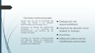 Factores motivacionales
Tienen que ver con el contenido del
cargo, las tareas y los deberes
relacionados con el cargo. En si.

 Delegación de
responsabilidad.

Producen un efecto de satisfacción
duradera. Y
un aumento de
productividad, por encima de los
niveles normales.

 Libertad de decidir como
realizar tu trabajo.

Cuando los factores motivacionales
son óptimos, elevan la satisfacción,
cuando son precarios
provocan
perdida de satisfacción

 Utilización plena de las
habilidades personales

 Ascensos.

 