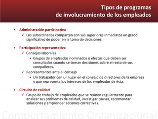 Tipos de programas
                            de involucramiento de los empleados

  •   Administración participativa
   ...