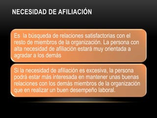 NECESIDAD DE AFILIACIÓN
Es la búsqueda de relaciones satisfactorias con el
resto de miembros de la organización. La persona con
alta necesidad de afiliación estará muy orientada a
agradar a los demás
Si la necesidad de afiliación es excesiva, la persona
podrá estar más interesada en mantener unas buenas
relaciones con los demás miembros de la organización
que en realizar un buen desempeño laboral.
 