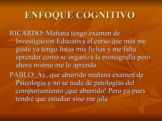 ENFOQUE COGNITIVO  RICARDO: Mañana tengo exámen de Investigación Educativa el curso que más me gusta ya tengo listas mis fichas y me falta aprender como se organiza la monografía pero ahora mismo me lo aprendo PABLO: Ay, que aburrido mañana examen de Psicología y no se nada de patologías del comportamiento ¡que aburrido! Pero ya pues tendré que estudiar sino me jala  