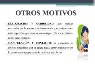 OTROS MOTIVOS
• EXPLORACIÓN Y CURIOSIDAD: Son motivos
suscitados por lo nuevo y lo desconocido y se dirigen a una
meta especifica que consiste en averiguar. No son exclusivos
de los seres humanos.
• MANIPULACIÓN Y CONTACTO: se concentra en
objetos específicos que se quiere tocar, sentir ,manejar o con
lo que se quiere jugar antes de sentirnos satisfechos.
 