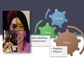 Género
• Hombres
• Mujeres
Cultura
• Individualismo
• Colectivismo
Emoción
 