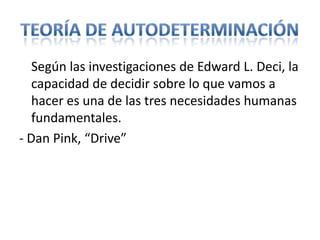 Teoría de autodeterminación	Según las investigaciones de Edward L. Deci, la capacidad de decidir sobre lo que vamos a hacer es una de las tres necesidades humanas fundamentales.- Dan Pink, “Drive”