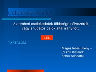 CCééllkkiittűűzzééss eellmméélleett 
Az emberi cselekedetek többsége célvezérelt, 
vagyis tudatos célok által irányított. 
CÉL 
TARTALOM 
Magas teljesítmény = 
jól körülhatárolt 
nehéz feladatok 
 