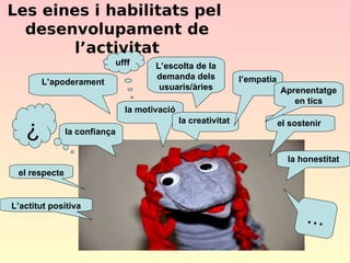 Les eines i habilitats pel
desenvolupament de
l’activitat
ufff
L’apoderament

L’escolta de la
demanda dels
usuaris/àries

la motivació

¿

la creativitat
la confiança

l’empatia
Aprenentatge
en tics
el sostenir

la honestitat
el respecte

L’actitut positiva

...

 