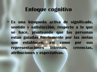 Enfoque cognitivo Es una búsqueda activa de significado, sentido y satisfacción, respecto a lo que se hace, planteando que las personas están guiadas fuertemente por las metas que establecen, así como por sus representaciones internas, creencias, atribuciones y expectativas. 