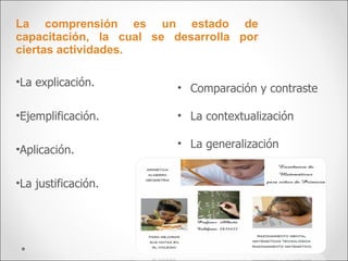 La comprensión es un estado de capacitación, la cual se desarrolla por ciertas actividades.  La explicación.  Ejemplificación. Aplicación. La justificación. Comparación y contraste La contextualización La generalización 