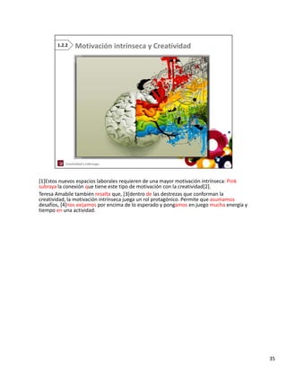 [1]Estos nuevos espacios laborales requieren de una mayor motivación intrínseca: Pink
subraya la conexión que tiene este tipo de motivación con la creatividad[2]
         la conexión que tiene este tipo de motivación con la creatividad[2].
Teresa Amabile también resalta que, [3[dentro de las destrezas que conforman la 
creatividad, la motivación intrínseca juega un rol protagónico. Permite que asumamos 
desafíos, [4]nos exijamos por encima de lo esperado y pongamos en juego mucha energía y 
tiempo en una actividad.




                                                                                           35
 