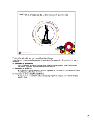 Pink resalta, además, que esa especial satisfacción que
encontramos en ciertas actividades se relaciona con las siguientes dimensiones de logro 
encontramos en ciertas actividades se relaciona con las siguientes dimensiones de logro
personal:
La búsqueda de autonomía
        •Los individuos buscan un campo libre para tomar decisiones, en el que puedan 
        definir los aspectos importantes de lo que realizan.    
La búsqueda de maestría
        •Las personas persiguen una habilidad o y se retan a sí mismas hasta alcanzar cierto 
        nivel de competencia o dominio.
La búsqueda de propósitos trascendentes
La búsqueda de propósitos trascendentes
        •Las personas encuentran actividades que pongan en práctica sus valores éticos o 
        de otro tipo.




                                                                                                36
 