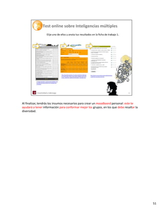 Al finalizar, tendrás los insumos necesarios para crear un moodboard personal: este te 
ayudará a tener información para conformar mejor los grupos, en los que debe resaltar la 
diversidad.




                                                                                            51
 