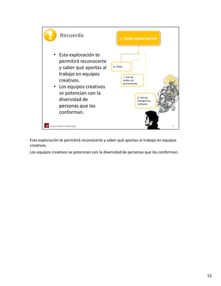 Esta exploración te permitirá reconocerte y saber qué aportas al trabajo en equipos 
creativos.
Los equipos creativos se potencian con la diversidad de personas que los conforman.




                                                                                       52
 