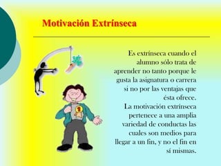 Motivación Extrínseca

                     Es extrínseca cuando el
                        alumno sólo trata de
               aprender no tanto porque le
                gusta la asignatura o carrera
                   si no por las ventajas que
                                  ésta ofrece.
                   La motivación extrínseca
                     pertenece a una amplia
                  variedad de conductas las
                     cuales son medios para
               llegar a un fin, y no el fin en
                                   sí mismas.
 