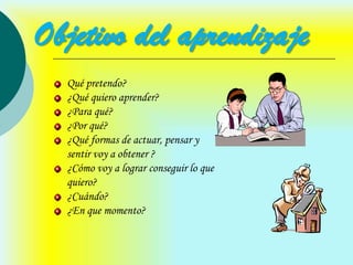 Objetivo del aprendizaje
  Qué pretendo?
  ¿Qué quiero aprender?
  ¿Para qué?
  ¿Por qué?
  ¿Qué formas de actuar, pensar y
  sentir voy a obtener ?
  ¿Cómo voy a lograr conseguir lo que
  quiero?
  ¿Cuándo?
  ¿En que momento?
 