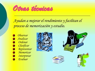 Otras técnicas
Ayudan a mejorar el rendimiento y facilitan el
proceso de memorización y estudio.

  Observar
  Analizar
  Ordenar
  Clasificar
  Representar
  Memorizar
  Interpretar
  Evaluar
 
