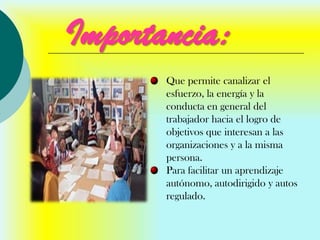 Importancia:
       Que permite canalizar el
       esfuerzo, la energía y la
       conducta en general del
       trabajador hacia el logro de
       objetivos que interesan a las
       organizaciones y a la misma
       persona.
       Para facilitar un aprendizaje
       autónomo, autodirigido y autos
       regulado.
 