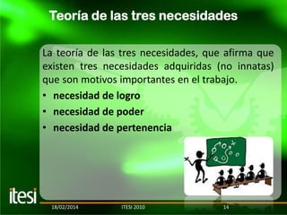 Teoría de las tres necesidades
La teoría de las tres necesidades, que afirma que
existen tres necesidades adquiridas (no innatas)
que son motivos importantes en el trabajo.
• necesidad de logro
• necesidad de poder
• necesidad de pertenencia

18/02/2014

ITESI 2010

14

 