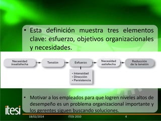• Esta definición muestra tres elementos
clave: esfuerzo, objetivos organizacionales
y necesidades.

• Motivar a los empleados para que logren niveles altos de
desempeño es un problema organizacional importante y
los gerentes siguen buscando soluciones.
18/02/2014

ITESI 2010

4

 